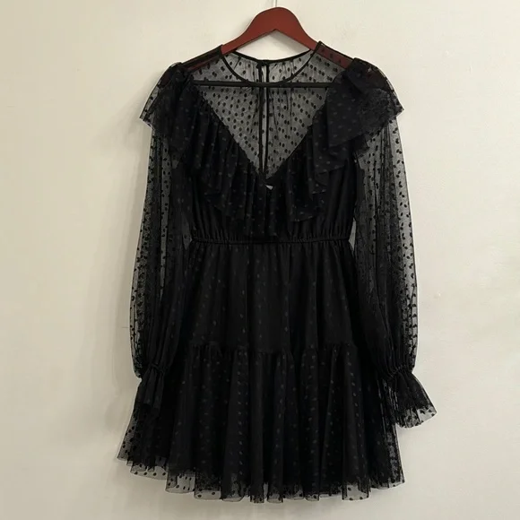 Milly Black dot Tulle Ruffled Tiered Sundress with Bishop Sleeves sz -4 - Picture 3 of 9